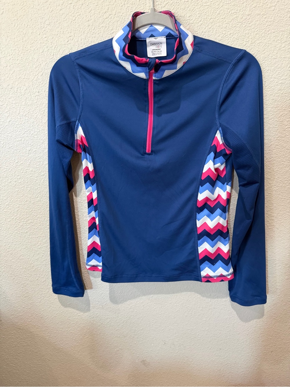 Danskin Now Drimore girls XL 14-16 blue 1/4 zip athletic pullover chevron active